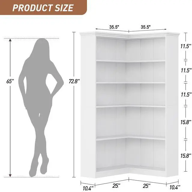 Alt view image 2 of 6 - Corner Bookshelf 72.8in Farmhouse Bookcase Large Bookshelves Wood Bookcase Tall 5 Tier Corner Shelf L Shaped Bookshelf Storage Display Rack Living Room Bedroom (White, Full Panel)