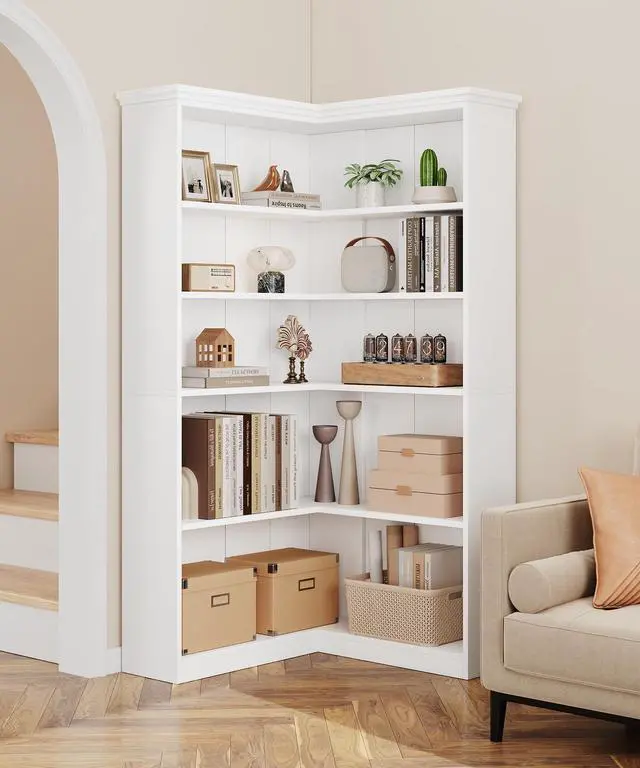 Alt view image 3 of 6 - Corner Bookshelf 72.8in Farmhouse Bookcase Large Bookshelves Wood Bookcase Tall 5 Tier Corner Shelf L Shaped Bookshelf Storage Display Rack Living Room Bedroom (White, Full Panel)
