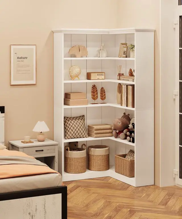 Alt view image 4 of 6 - Corner Bookshelf 72.8in Farmhouse Bookcase Large Bookshelves Wood Bookcase Tall 5 Tier Corner Shelf L Shaped Bookshelf Storage Display Rack Living Room Bedroom (White, Full Panel)