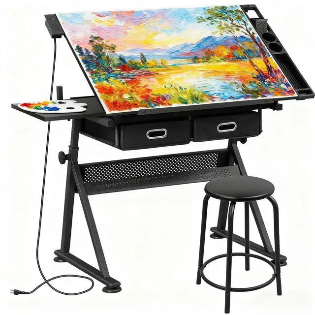Main image of Adjustable Drafting Table with Stool, Tilting Drawing Desk Artist Table with Storage Drawers, Art Craft Workstation for Home Office Reading, Writing, Crafting (Black-with Outlet)