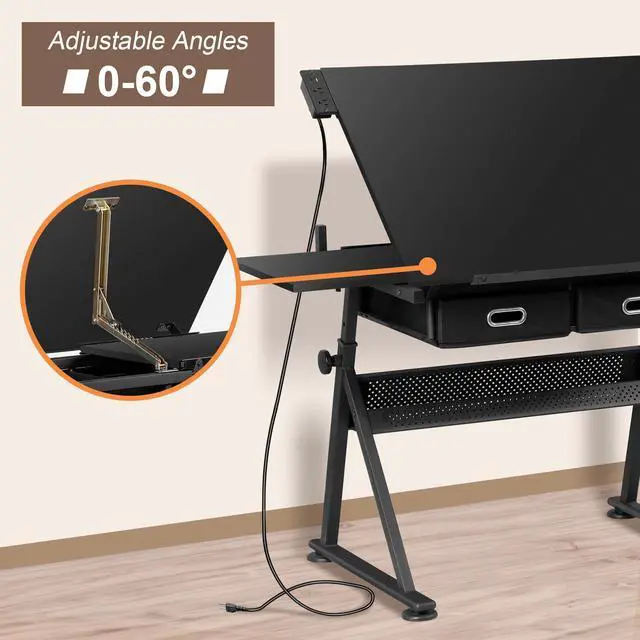 Alt view image 3 of 6 - Adjustable Drafting Table with Stool, Tilting Drawing Desk Artist Table with Storage Drawers, Art Craft Workstation for Home Office Reading, Writing, Crafting (Black-with Outlet)