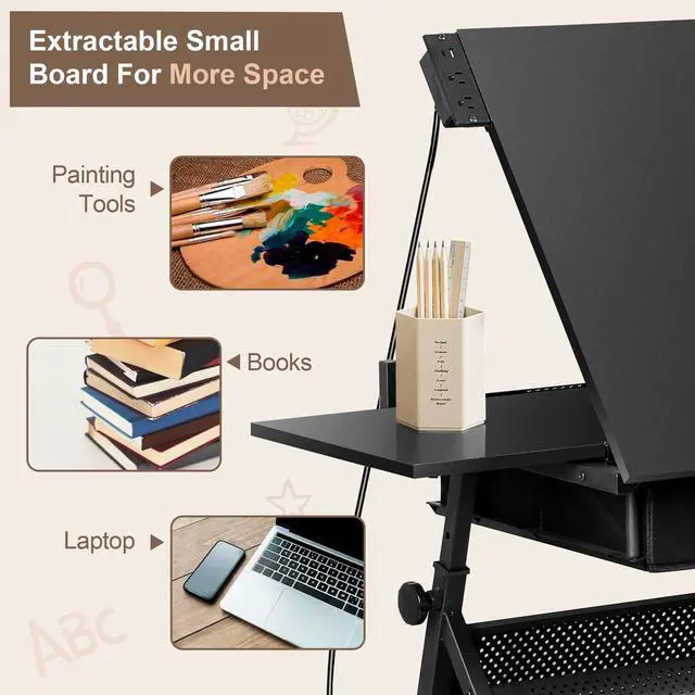 Alt view image 4 of 6 - Adjustable Drafting Table with Stool, Tilting Drawing Desk Artist Table with Storage Drawers, Art Craft Workstation for Home Office Reading, Writing, Crafting (Black-with Outlet)