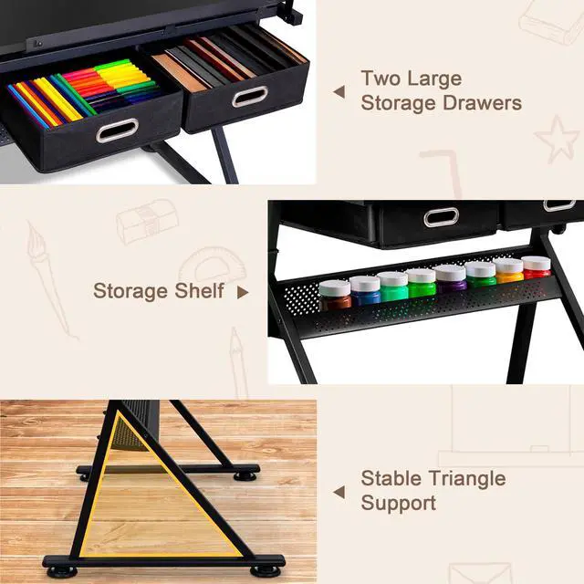 Alt view image 6 of 6 - Adjustable Drafting Table with Stool, Tilting Drawing Desk Artist Table with Storage Drawers, Art Craft Workstation for Home Office Reading, Writing, Crafting (Black-with Outlet)