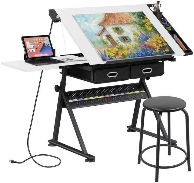 Main image of Adjustable Drafting Table with Stool, Tilting Drawing Desk Artist Table with Storage Drawers, Art Craft Workstation for Home Office Reading, Writing, Crafting (White-with Outlet)