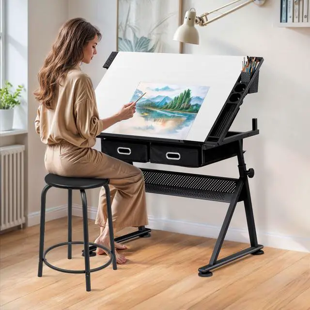Alt view image 2 of 6 - Adjustable Drafting Table with Stool, Tilting Drawing Desk Artist Table with Storage Drawers, Art Craft Workstation for Home Office Reading, Writing, Crafting (White-with Outlet)