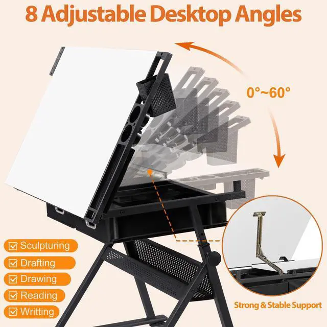 Alt view image 5 of 6 - Adjustable Drafting Table with Stool, Tilting Drawing Desk Artist Table with Storage Drawers, Art Craft Workstation for Home Office Reading, Writing, Crafting (White-with Outlet)