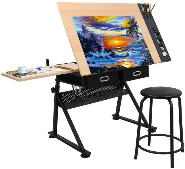 Main image of Drafting Table Art Desk Drawing Table Height Adjustable Artist Table with Tilted Tabletop, Drafting Stool and Storage Drawer for Reading, Writing, Crafting, Painting Art