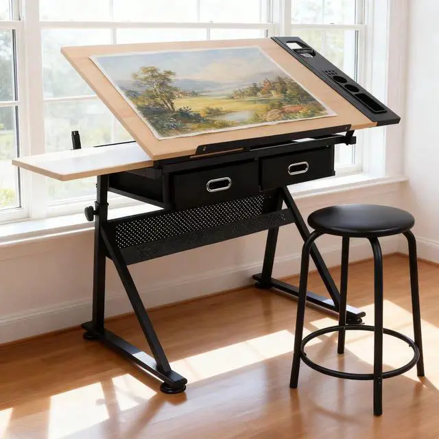 Alt view image 2 of 6 - Drafting Table Art Desk Drawing Table Height Adjustable Artist Table with Tilted Tabletop, Drafting Stool and Storage Drawer for Reading, Writing, Crafting, Painting Art