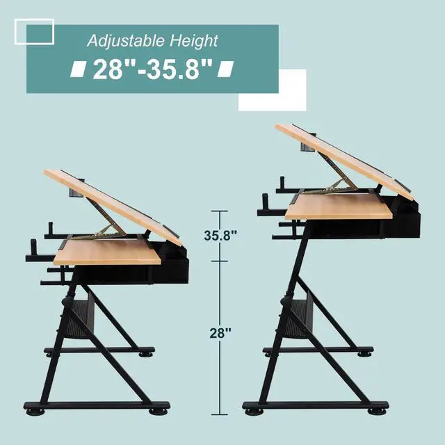 Alt view image 3 of 6 - Drafting Table Art Desk Drawing Table Height Adjustable Artist Table with Tilted Tabletop, Drafting Stool and Storage Drawer for Reading, Writing, Crafting, Painting Art