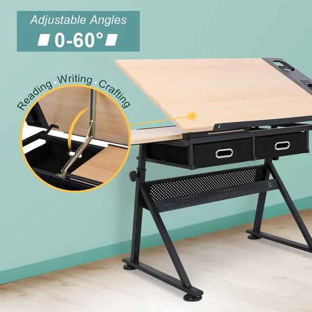 Alt view image 4 of 6 - Drafting Table Art Desk Drawing Table Height Adjustable Artist Table with Tilted Tabletop, Drafting Stool and Storage Drawer for Reading, Writing, Crafting, Painting Art