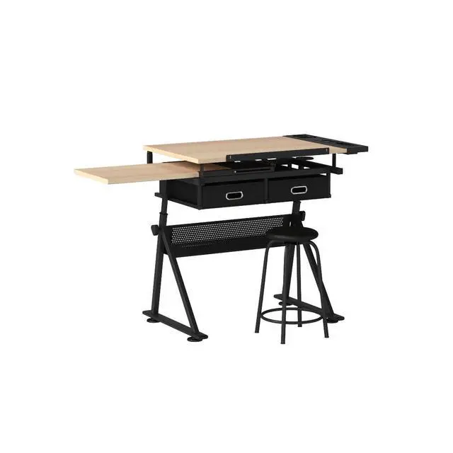 Alt view image 5 of 6 - Drafting Table Art Desk Drawing Table Height Adjustable Artist Table with Tilted Tabletop, Drafting Stool and Storage Drawer for Reading, Writing, Crafting, Painting Art