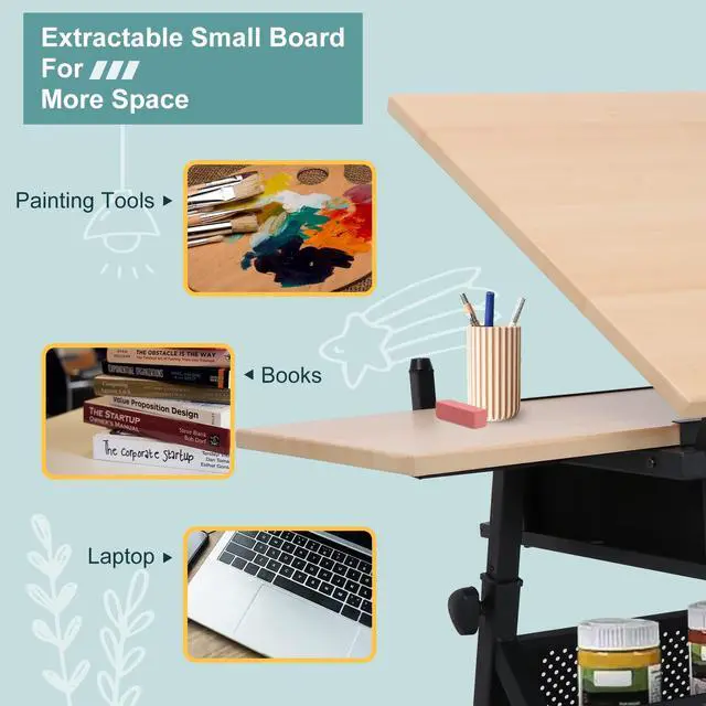 Alt view image 6 of 6 - Drafting Table Art Desk Drawing Table Height Adjustable Artist Table with Tilted Tabletop, Drafting Stool and Storage Drawer for Reading, Writing, Crafting, Painting Art