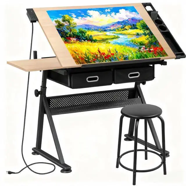 Main image of Adjustable Drafting Table with Stool, Tilting Drawing Desk Artist Table with Storage Drawers, Art Craft Workstation for Home Office Reading, Writing, Crafting (Brown-with Outlet)