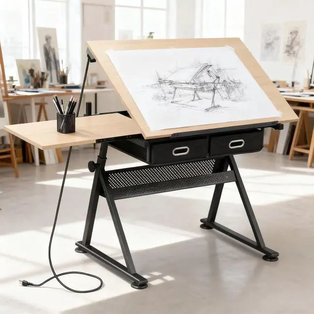 Alt view image 2 of 6 - Adjustable Drafting Table with Stool, Tilting Drawing Desk Artist Table with Storage Drawers, Art Craft Workstation for Home Office Reading, Writing, Crafting (Brown-with Outlet)