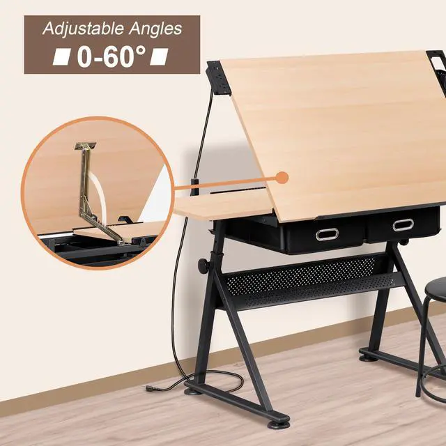 Alt view image 3 of 6 - Adjustable Drafting Table with Stool, Tilting Drawing Desk Artist Table with Storage Drawers, Art Craft Workstation for Home Office Reading, Writing, Crafting (Brown-with Outlet)