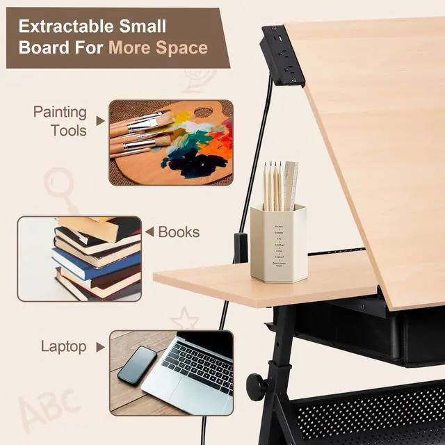 Alt view image 4 of 6 - Adjustable Drafting Table with Stool, Tilting Drawing Desk Artist Table with Storage Drawers, Art Craft Workstation for Home Office Reading, Writing, Crafting (Brown-with Outlet)
