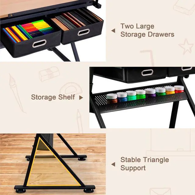 Alt view image 6 of 6 - Adjustable Drafting Table with Stool, Tilting Drawing Desk Artist Table with Storage Drawers, Art Craft Workstation for Home Office Reading, Writing, Crafting (Brown-with Outlet)