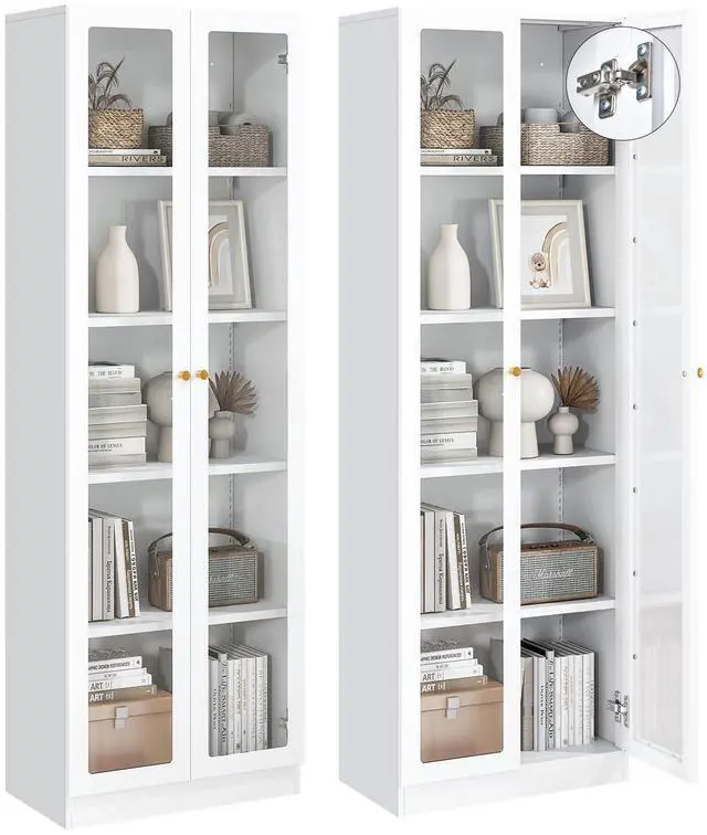 Main image of White Bookcase with Doors and Shelves, 5-Tier Tall Bookshelf with Storage Cabinet, 70.87" Display Cabinet for Collectibles, Display Case for Home Office Library