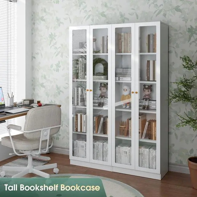 Alt view image 2 of 6 - White Bookcase with Doors and Shelves, 5-Tier Tall Bookshelf with Storage Cabinet, 70.87" Display Cabinet for Collectibles, Display Case for Home Office Library