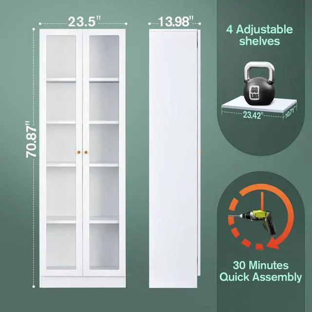 Alt view image 3 of 6 - White Bookcase with Doors and Shelves, 5-Tier Tall Bookshelf with Storage Cabinet, 70.87" Display Cabinet for Collectibles, Display Case for Home Office Library