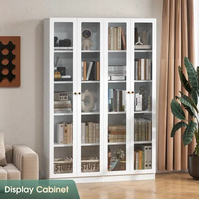Alt view image 4 of 6 - White Bookcase with Doors and Shelves, 5-Tier Tall Bookshelf with Storage Cabinet, 70.87" Display Cabinet for Collectibles, Display Case for Home Office Library