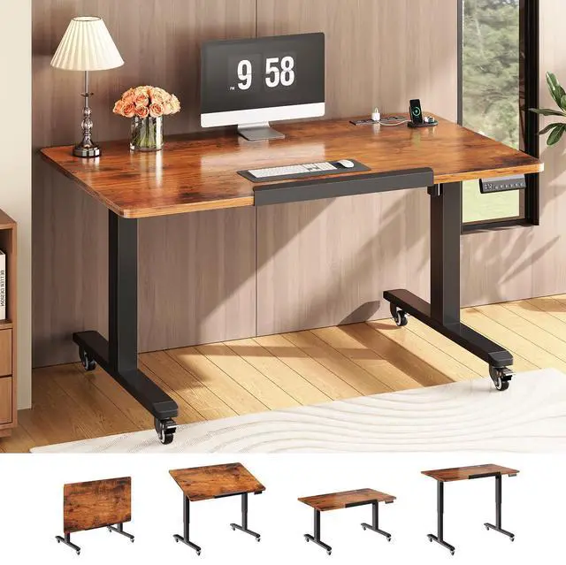 Main image of 47 x 24 Inches Electric Standing Desk, 180° Tiltable Mobile Rising Computer Desk Height Adjustable with Wheels for Drawing/Writing/Gaming/Study/Home Office/Small Space, Rustic Brown