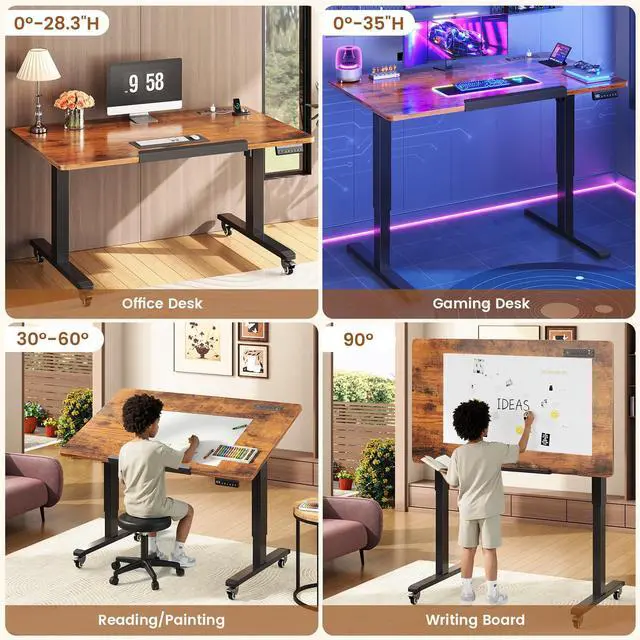 Alt view image 4 of 4 - 47 x 24 Inches Electric Standing Desk, 180° Tiltable Mobile Rising Computer Desk Height Adjustable with Wheels for Drawing/Writing/Gaming/Study/Home Office/Small Space, Rustic Brown