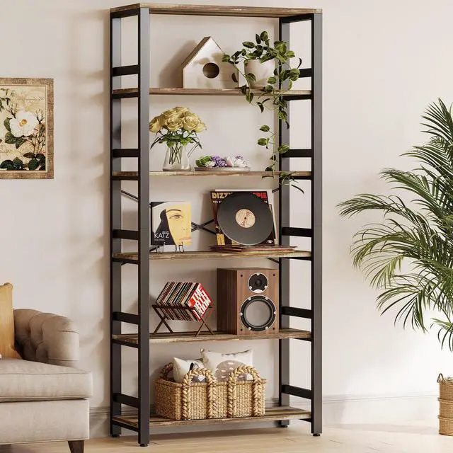 Main image of Bookshelf, 31.5in Wide Shelf 6 Tier Bookcase, 110lbs/shelf Vintage Industrial Style Bookshelves for Bedroom, Living Room and Home Office, Industrial Brown