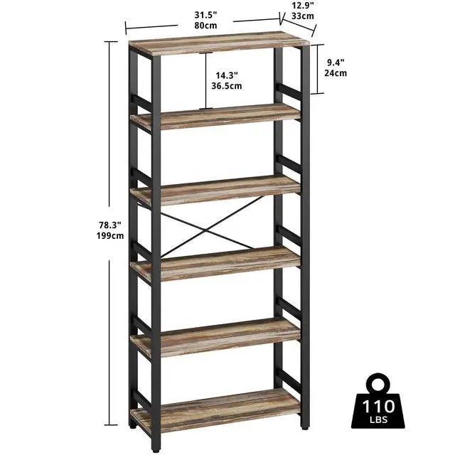 Alt view image 2 of 6 - Bookshelf, 31.5in Wide Shelf 6 Tier Bookcase, 110lbs/shelf Vintage Industrial Style Bookshelves for Bedroom, Living Room and Home Office, Industrial Brown