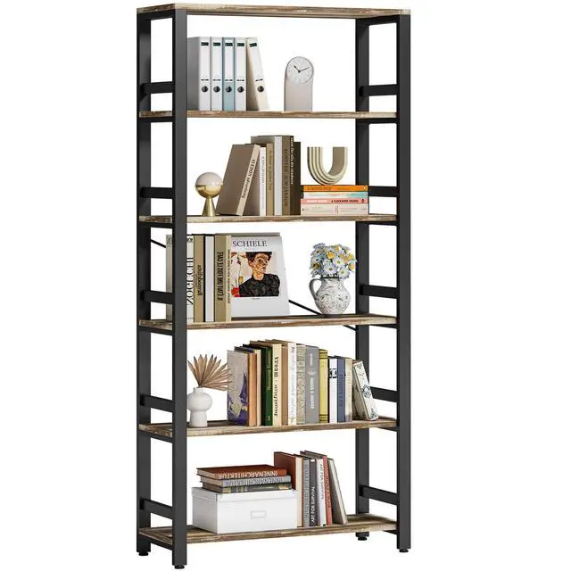 Alt view image 3 of 6 - Bookshelf, 31.5in Wide Shelf 6 Tier Bookcase, 110lbs/shelf Vintage Industrial Style Bookshelves for Bedroom, Living Room and Home Office, Industrial Brown