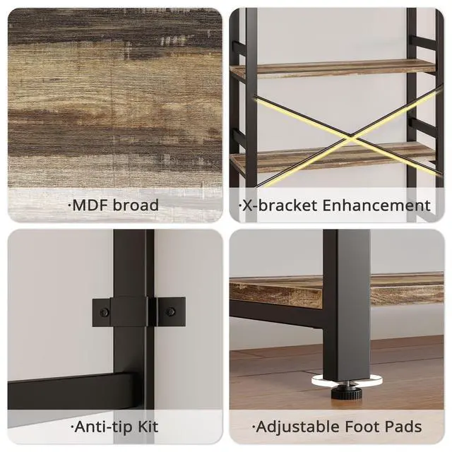 Alt view image 5 of 6 - Bookshelf, 31.5in Wide Shelf 6 Tier Bookcase, 110lbs/shelf Vintage Industrial Style Bookshelves for Bedroom, Living Room and Home Office, Industrial Brown