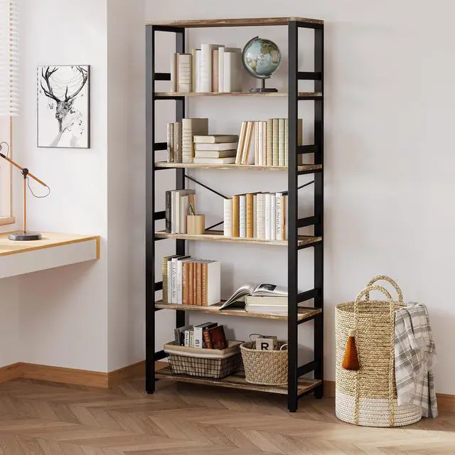 Alt view image 6 of 6 - Bookshelf, 31.5in Wide Shelf 6 Tier Bookcase, 110lbs/shelf Vintage Industrial Style Bookshelves for Bedroom, Living Room and Home Office, Industrial Brown