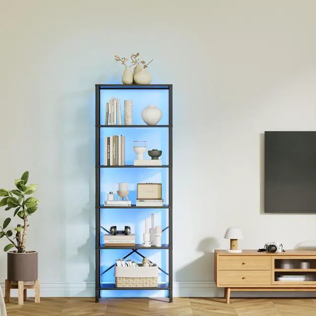 Alt view image 2 of 6 - 6-Tier Bookshelf, Tall Bookcase with LED Lights, Book Shelf with Steel Frame, 11.2" x 23.6" x 65.4", Display Storage Shelf for Living Room, Bedroom, Home Office, Study, Black