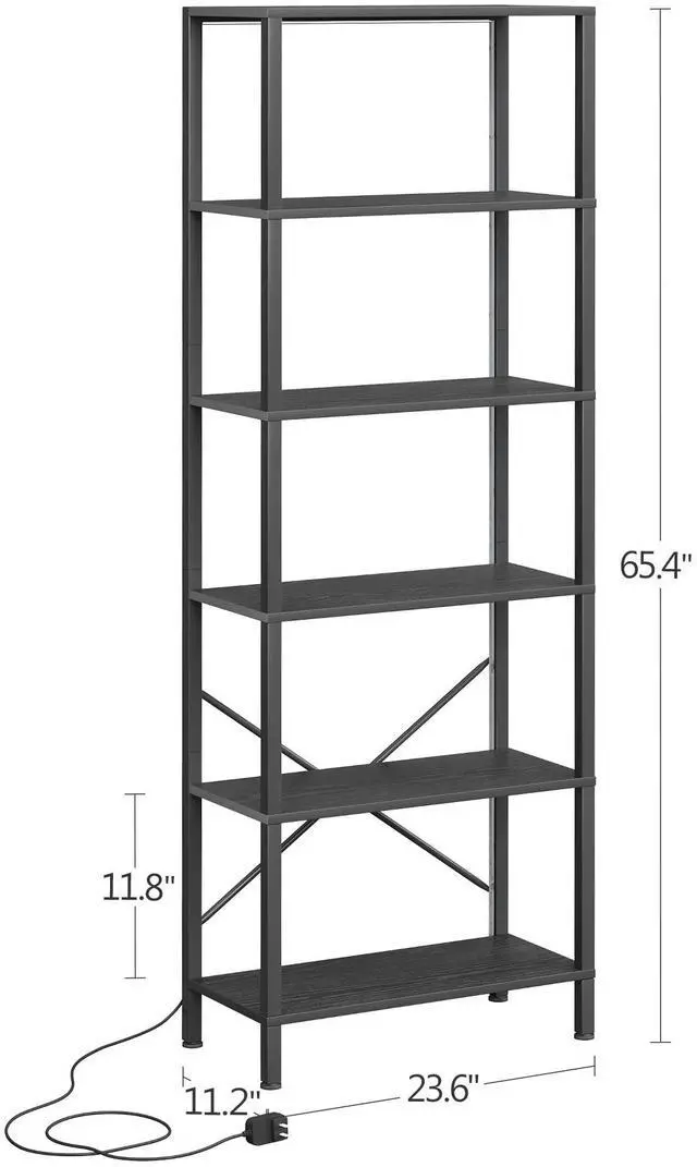 Alt view image 3 of 6 - 6-Tier Bookshelf, Tall Bookcase with LED Lights, Book Shelf with Steel Frame, 11.2" x 23.6" x 65.4", Display Storage Shelf for Living Room, Bedroom, Home Office, Study, Black
