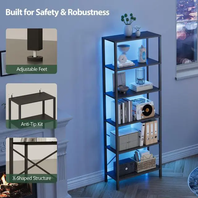 Alt view image 4 of 6 - 6-Tier Bookshelf, Tall Bookcase with LED Lights, Book Shelf with Steel Frame, 11.2" x 23.6" x 65.4", Display Storage Shelf for Living Room, Bedroom, Home Office, Study, Black