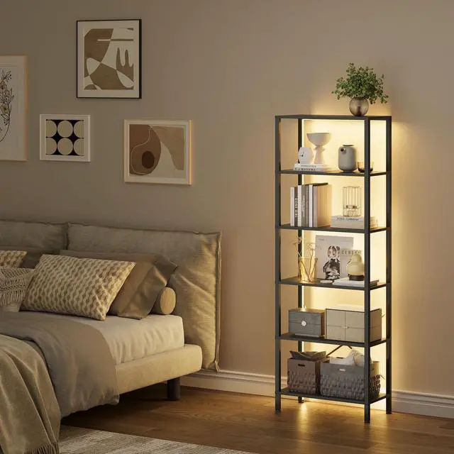 Alt view image 6 of 6 - 6-Tier Bookshelf, Tall Bookcase with LED Lights, Book Shelf with Steel Frame, 11.2" x 23.6" x 65.4", Display Storage Shelf for Living Room, Bedroom, Home Office, Study, Black