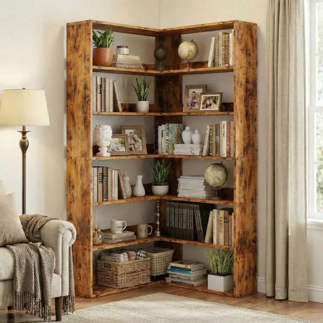 Alt view image 2 of 6 - Corner Bookshelf 6-Tier L-Shaped Industrial Corner Bookcase with Side Baffles, Large Storage Display Shelf for Living Room, Home Office
