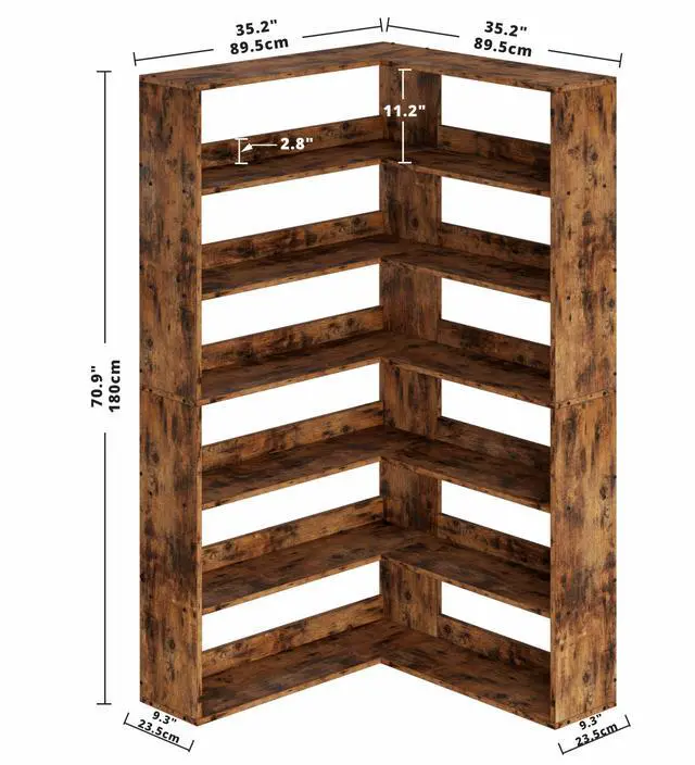 Alt view image 3 of 6 - Corner Bookshelf 6-Tier L-Shaped Industrial Corner Bookcase with Side Baffles, Large Storage Display Shelf for Living Room, Home Office