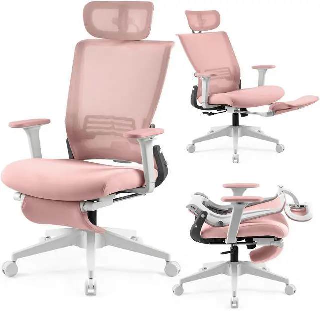 Main image of Foldable Office Chair with Foot Rest, Ergonomic Office Chair with Adjustable Lumbar Support, Headrest, Armrest, Home Office Desk Chair for Space Saving, Work from Home, Pink