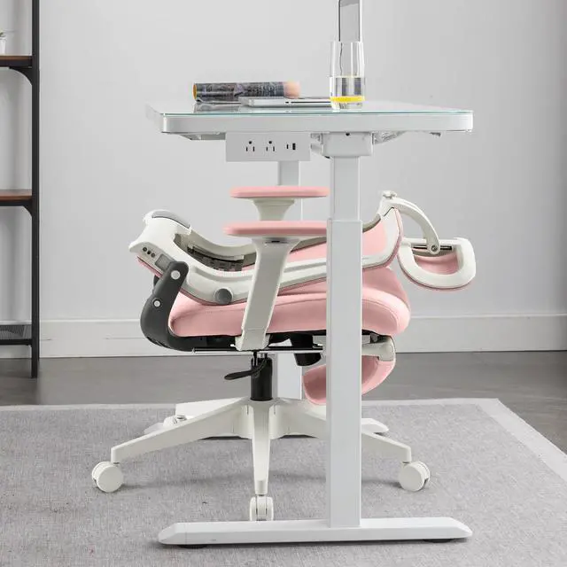 Alt view image 2 of 6 - Foldable Office Chair with Foot Rest, Ergonomic Office Chair with Adjustable Lumbar Support, Headrest, Armrest, Home Office Desk Chair for Space Saving, Work from Home, Pink