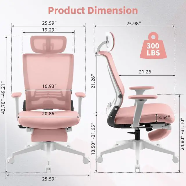 Alt view image 3 of 6 - Foldable Office Chair with Foot Rest, Ergonomic Office Chair with Adjustable Lumbar Support, Headrest, Armrest, Home Office Desk Chair for Space Saving, Work from Home, Pink