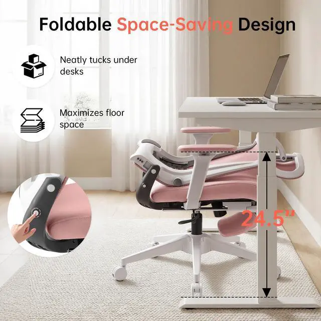 Alt view image 4 of 6 - Foldable Office Chair with Foot Rest, Ergonomic Office Chair with Adjustable Lumbar Support, Headrest, Armrest, Home Office Desk Chair for Space Saving, Work from Home, Pink