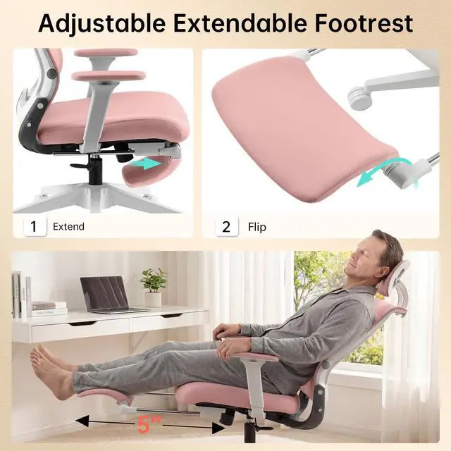 Alt view image 5 of 6 - Foldable Office Chair with Foot Rest, Ergonomic Office Chair with Adjustable Lumbar Support, Headrest, Armrest, Home Office Desk Chair for Space Saving, Work from Home, Pink