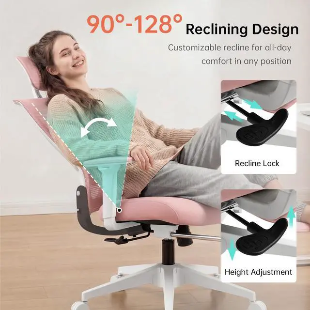 Alt view image 6 of 6 - Foldable Office Chair with Foot Rest, Ergonomic Office Chair with Adjustable Lumbar Support, Headrest, Armrest, Home Office Desk Chair for Space Saving, Work from Home, Pink