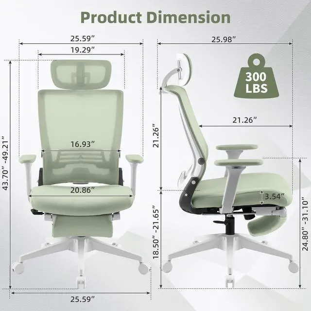 Alt view image 3 of 6 - Foldable Office Chair with Foot Rest, Ergonomic Office Chair with Adjustable Lumbar Support, Headrest, Armrest, Home Office Desk Chair for Space Saving, Work from Home, Green