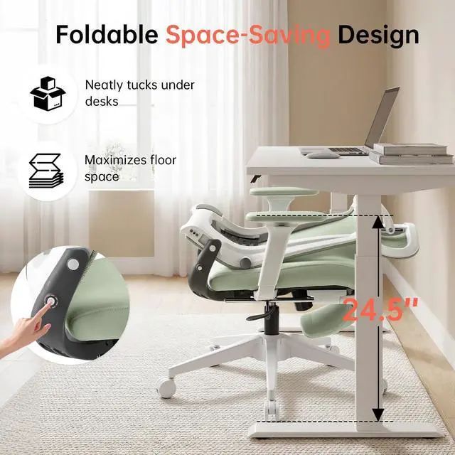 Alt view image 4 of 6 - Foldable Office Chair with Foot Rest, Ergonomic Office Chair with Adjustable Lumbar Support, Headrest, Armrest, Home Office Desk Chair for Space Saving, Work from Home, Green
