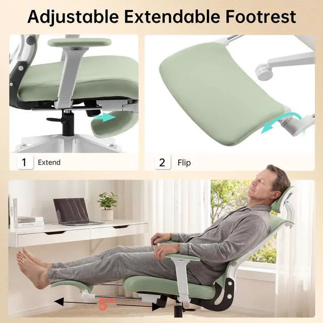 Alt view image 5 of 6 - Foldable Office Chair with Foot Rest, Ergonomic Office Chair with Adjustable Lumbar Support, Headrest, Armrest, Home Office Desk Chair for Space Saving, Work from Home, Green