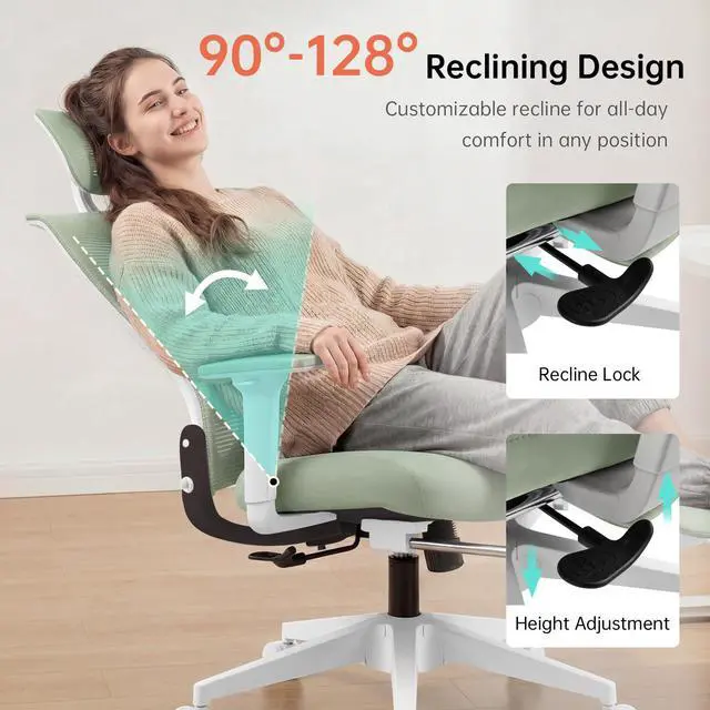 Alt view image 6 of 6 - Foldable Office Chair with Foot Rest, Ergonomic Office Chair with Adjustable Lumbar Support, Headrest, Armrest, Home Office Desk Chair for Space Saving, Work from Home, Green