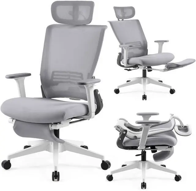 Main image of Foldable Office Chair with Foot Rest, Ergonomic Office Chair with Adjustable Lumbar Support, Headrest, Armrest, Home Office Desk Chairs for Space Saving, Grey