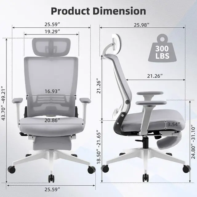 Alt view image 3 of 6 - Foldable Office Chair with Foot Rest, Ergonomic Office Chair with Adjustable Lumbar Support, Headrest, Armrest, Home Office Desk Chairs for Space Saving, Grey